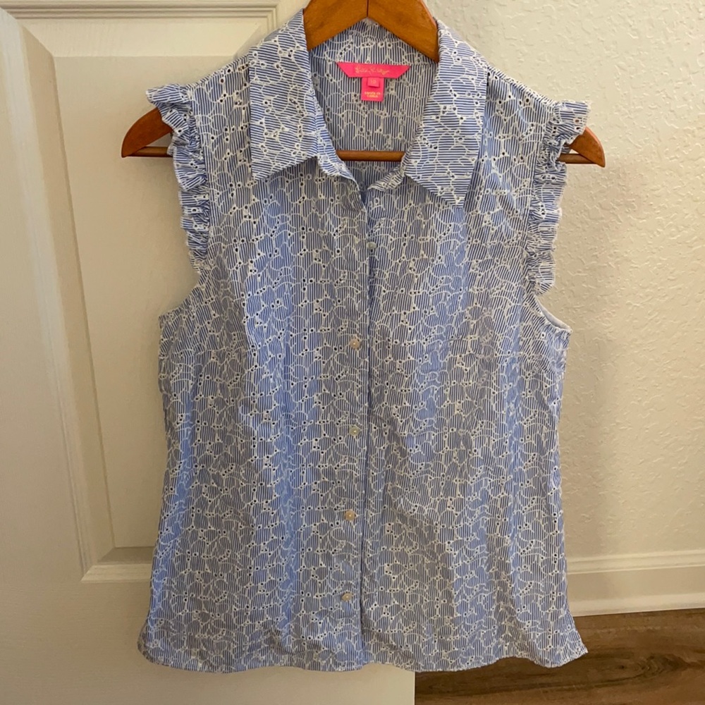 Lily Pulitzer Light Blue Striped Eyelet Button-Up
